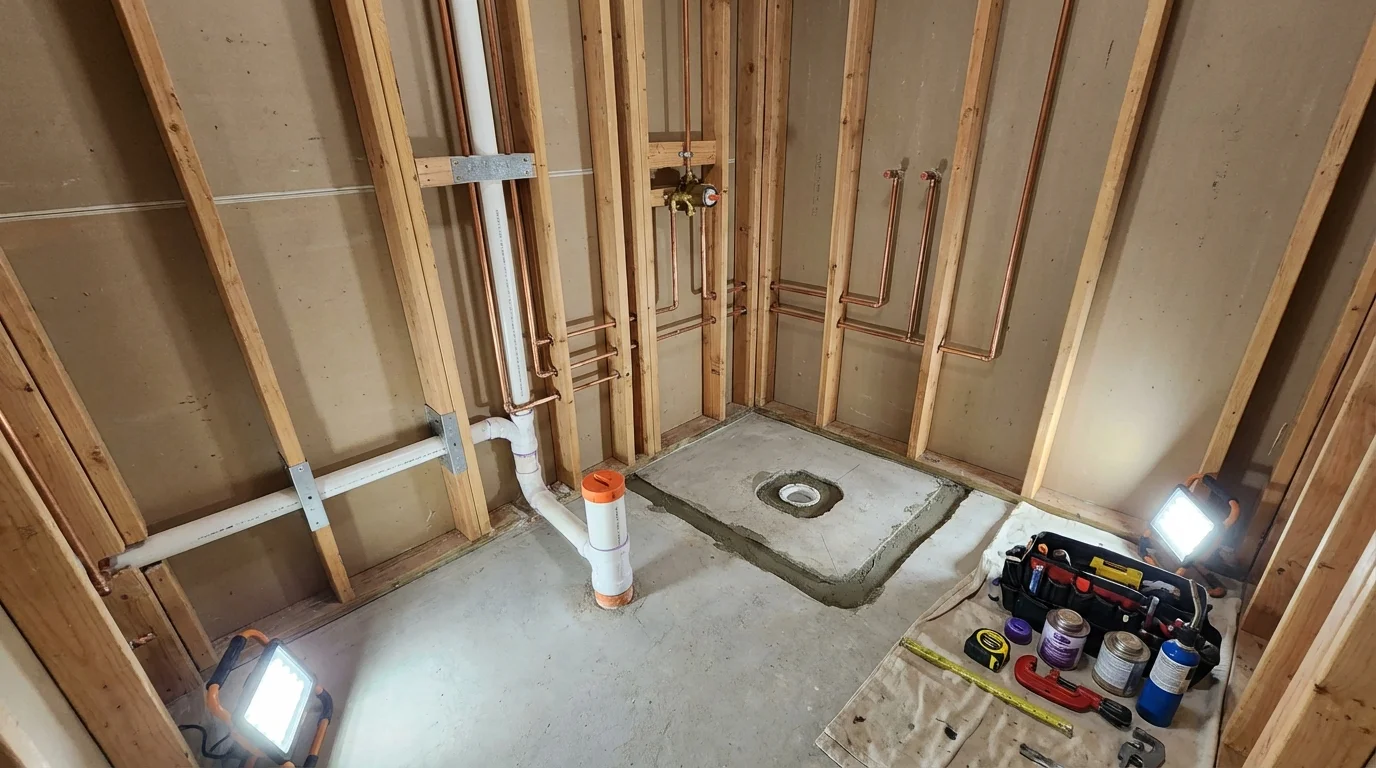 Bathroom rough-in plumbing during remodel by Johns Plumbing LLC in Nassau