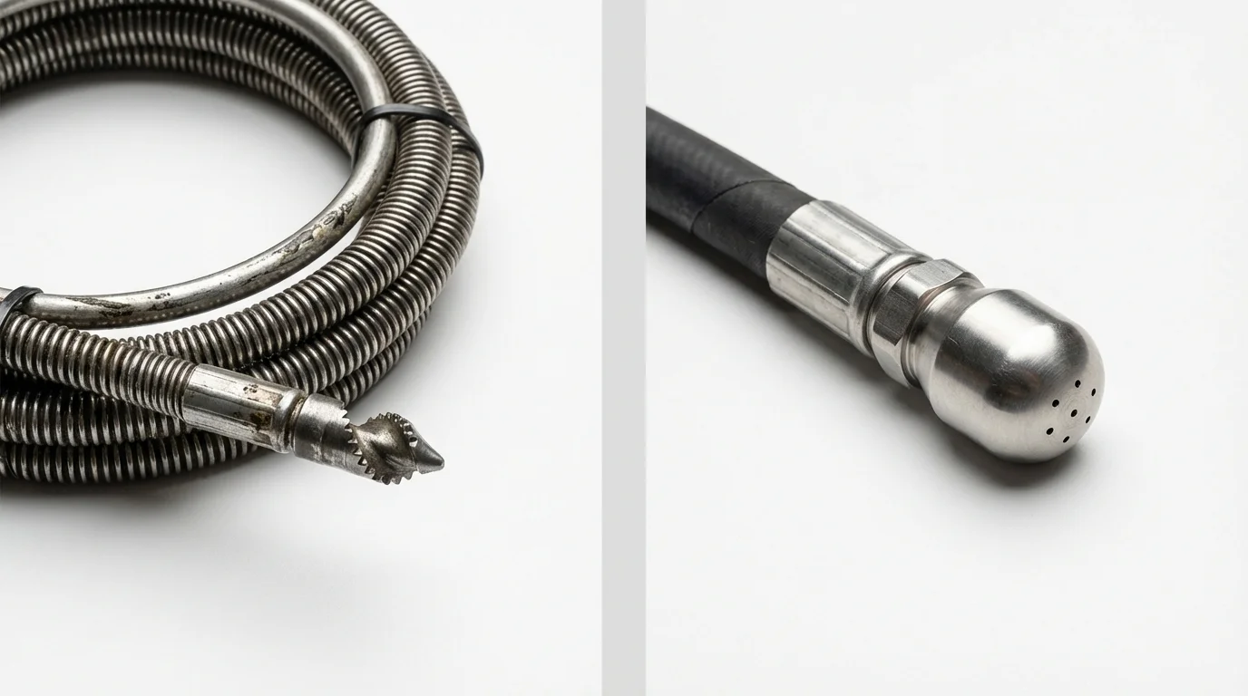Drain snake cable and hydro jetting nozzle used for drain cleaning in Nassau, NY