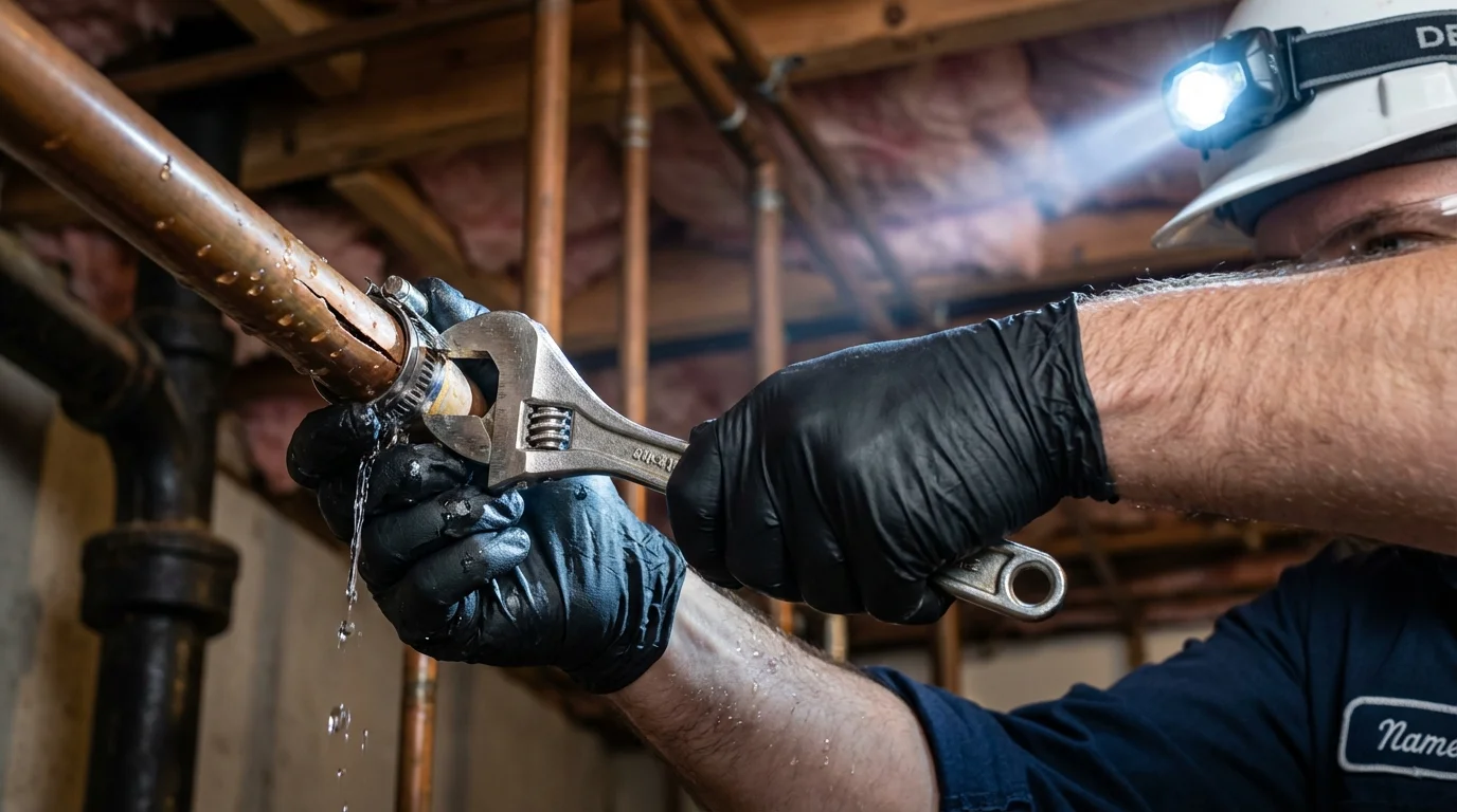 Emergency pipe clamp repair being performed by a Johns Plumbing LLC plumber in Nassau