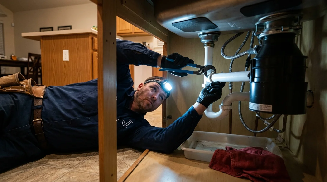P-trap and supply line connections under a kitchen sink showing a common leak point in Nassau, NY